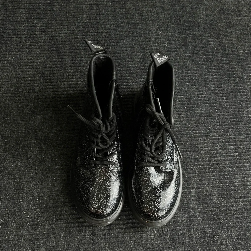 Dr. Martens 1460 J Boots Kids Size 4 Women 5 Black Glitter Zip Lace Up Combat